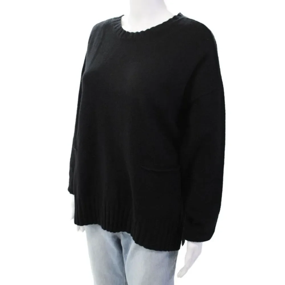 Renuar Womens Front Pockets Crew Neck Pullover Sweater Top Black Size XXL